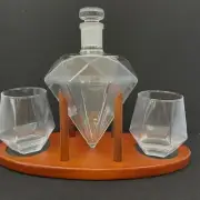 Premium Diamond Whiskey Decanter Set 2 Tumblers Decanter Wood Rack New In Box