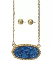 Blue Druzy Pendant Necklace Earring Set Gold Colored Round Ball Stud Earrings