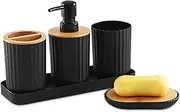 Duscdesp Plastic Black Bathroom Accessories Set - 5 Piece with Bamboo Cover. Includes Soap Dispenser, Toothbrush Holders, Bathroom Cup, Soap Dish and Vanity Tray