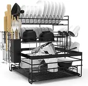 Dish Drainer Rack, 3 Tier Large Capacity Drain Board Rack with Drip Tray, Detachable Stainless Steel Dish Drying Rack for Kitchen Countertop or Sink