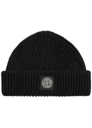 Stone Island Ribbed Wool Beanie - Black One Size