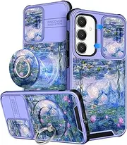 [Buleens] for Samsung Galaxy S23 FE Case 6.4 Inch - with Ring Stand & Camera Cover Cute Designed for Women Girls Girly Pretty Blue Water Lily for Samsung S23 FE Case Compatible with Magsafe