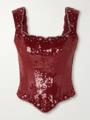 [Clio Peppiatt] Clio Peppiatt - Syrah Embellished Tulle Bustier Top - Burgundy - large large Burgundy