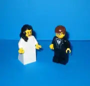 NEW LEGO WEDDING BLACK HAIR BRIDE AND BROWN HAIR GROOM WITH GLASSES, BLACK TUX