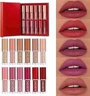 12 Colors Matte Liquid Lipstick Kit, Long Lasting Lip Tint, Waterproof Lip Stain, Non-Stick Cup Quick-dry Velvet Nude to Red Lipstick Makeup Set
