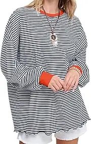 [Wowcarbazole] Womens Striped Long Sleeve Shirts Trendy Color Block Tunic Tops Oversized Casual Crew Neck Sweatshirt