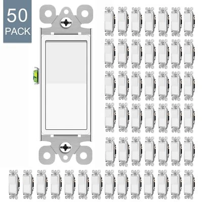 50PK Wall Paddle Rocker Switch Single Pole ON/OFF Light Switch White Residential