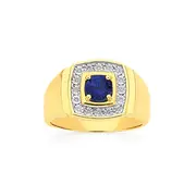 9ct Gold Diamond & Created Sapphire Gents Ring in Blue