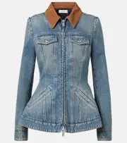 [McQueen] McQueen Peplum corduroy-trimmed denim jacket AU 4 blue