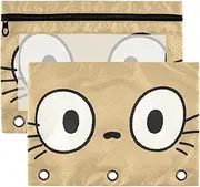 Cartoon Cute Big Eyes Brown Pouches with Clear Window Large Zippered with Zipper Reinforced Grommets 3 Rings Zipper Binder for Storing School Office Supplies