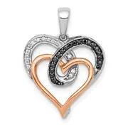 14k White and Rose Gold White and Black Real Diamond Hearts Pendant