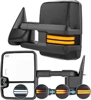 Switchback Signal Tow Mirrors Compatible with 2007-2021 Toyota Tundra(w/o BSM), Heated Extended Trailer Towing Side Mirror w/Backup Light and SEQ Turn Signal, Smoked Lens Carbon Grey Housing