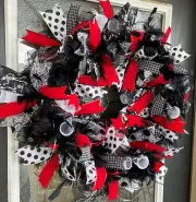 Gorgeous Red Black White Feather Halloween Front Door Wreath Fall Decoration