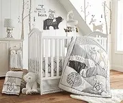 Levtex Baby - Bailey Crib Bed Set - Baby Nursery Set - Charcoal, Taupe, White - Neutral Forest Theme - 5 Piece Set Includes Quilt, Fitted Sheet, Diaper Stacker, Wall Decal & Skirt/Dust Ruffle