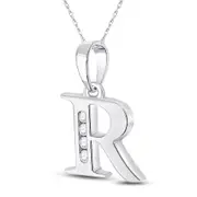 14k White Gold Round Diamond R Initial Letter Pendant 1/20 Cttw