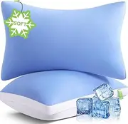 MEELUS Cooling Bed Pillows Queen Size Set of 2, Instantaneous Cool for Hot Sleepers, Gusseted Hotel Down Alternative Pillow for Side Back Stomach Sleepers, Supportive for Pain Relief, ICY Blue