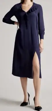 TED BAKER Faithiy Asymmetric Dark Navy Blue Midi Dress Womens Ted 1 2 US 4 6