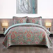 NEWLAKE Cotton Bedspread Quilt Sets-Reversible Patchwork Coverlet Set, European Gorgeous Floral Pattern, Queen Size
