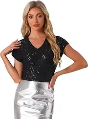 [Allegra K] Sequin Tops for Women's Short Sleeve V Neck Party Sparkly Metallic Top