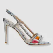 $650 Stuart Weitzman Women's Silver Mondrian Glam Sandal Shoes Size EU 37.5/US 7
