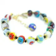 Murano Glass Bracelet Multi Gold Millefiori Venice 15 Beads