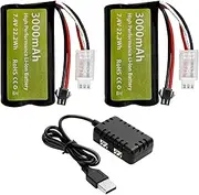2PCS 7.4V 3000mah 15C 2S Li ion Battery with SM-2P Plug and 2in1 Charger Suitable for H105 H103 H101 RC Ship MN D99 D99s D90 D91 RC Car Truck RC Ship Engineering Vehicle Battery