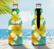 Frangipani Personalised Stubby Holder Zip Up Bottle Cooler Collapsible