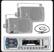 Black Pyle 3.5" Box Speakers, Pyle Marine AM FM USB Bluetooth Receiver, Antenna