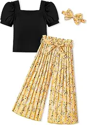 [DONWEN] Toddler Kids Girl Clothes Square Neck Shirt Top + Stylish Pants + Headband 3pcs Spring Summer Girl Outfits Set