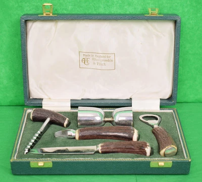 "Abercrombie & Fitch Stag Handle English 5pc Barware Box Set Made In England"