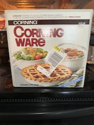 Corning Ware 5 Piece Set F-330 White Covered Casserole Dishes Round Pie Plate