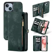 SupRShield For Apple iPhone 15 Plus Zipper & Detachable Retro Leather Pouch Wallet Flip Purse Bag Detachable Phone Case Cover (Green)