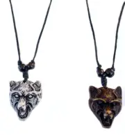 PACK OF 2 RESIN CARVED WOLF FACE NECKLACE ON ADJUSTABLE CORD viking new JL729