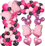 119pcs Minnie Mouse Theme Balloon Garland Arch Kit - Pink Bowknot Foil Balloons Black Pink Dots Balloons for Girls Birthday Party Decoration