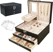 [Verkigle] Jewelry Storage Box, 3 Layer Large Jewelry Organizer Boxes for Women Girls, PU Leather Jewelry Display Case with 2 Drawers, Mirror and Key Lock for Earring Bracelet Necklace and Ring - Black