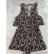 American Eagle Romper Large Black Floral Print Criss Cross Neck Overlay Top