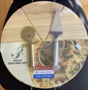 VTG PIZZA Serving Set Handled 16” Wood Board w/ SS Cutter & Server NOS