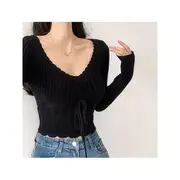 Long-Sleeve Plain Lace-Up Knit Top Black - S