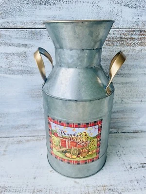 Galvanized Metal Harvest Milk Can, 12” Pumpkin Patch Country Wagon Scene