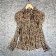 Zara Blouse Womens Extra Small Brown Leopard Animal Print Sheer Bow Neck Tie NEW