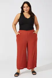 Brown Wideleg Pants Cotton Elastic Waist Textured