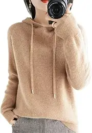 [NIAIRKE] Womens Cashmere with Pullovers,Winter Casual Knitting Hoodie Fashion Sweater,Fall Drawstring Thick Sweater