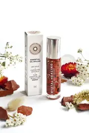 Pure Essential Oil Roller Bottle 10ml with RED JASPER Crystal Gemstones - infused with 24k Gold Flakes