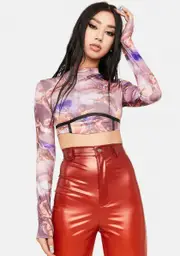 [ZEMETA] Purple Feather Mesh Top