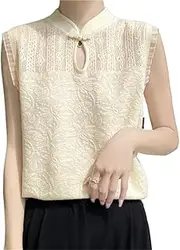 [Generic] Women's Vintage Button Knit Vest with Chiffon Panels - Sleeveless Stand Collar T-Shirt