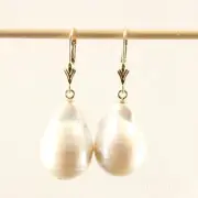 14kt Yellow Gold Leverback Baroque White Nucleated Pearls Dangle Earrings TPJ
