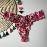 Victoria's Secret Posey Lace-Up Lacie Thong Panty Multi Floral S NEW