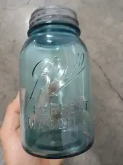 Antique Blue Ball Perfect Mason Quart Jar #4 Circa 1910-1923 MISPRINT WITH LID