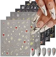 6 Sheets Sun Star Nail Art Stickers Moon Nail Stickers Fish Bone Nail Decals Gold Rose Sliver Fish Bone Moon Star Design Nail Art Supplies for Women Girls Acrylic Nails Decorations Salon Accessories
