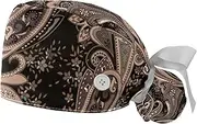 [WOSHJIUK] Working Hat 2 Pack Scrub Caps for Women,Traditional Paisley Flower Vintage,Tie Back Cap Adjustable Scrub Hat